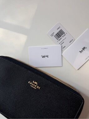 Coach Black Leather Double Zip Wristlet Wallet New With Tags Gold Hardware